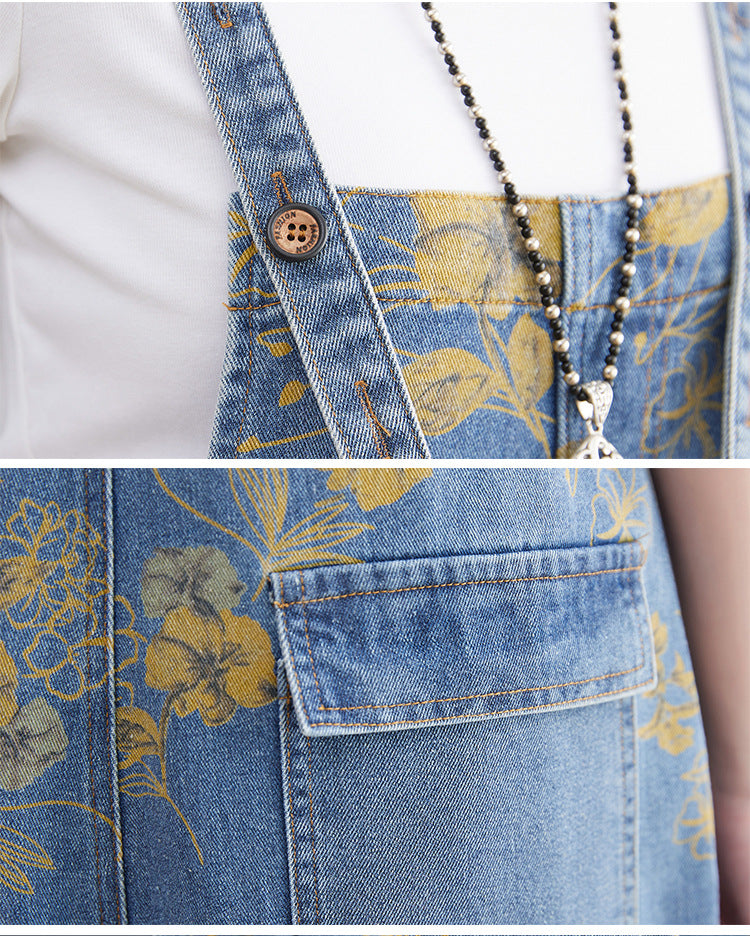 Women's High Waist Washed Denim Suspender Overalls – Printed Jean Jumpsuit