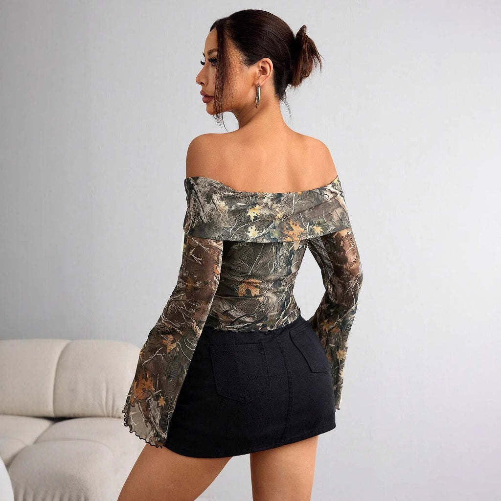 Women's Mesh Printed Off-Shoulder Long Sleeve Fitted Top Olive – AdriaPulse