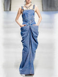 Women's Denim Suspender Pleated Maxi Dress Vintage Relaxed Fit Overall Dress Blue Front View – AdriaPulse