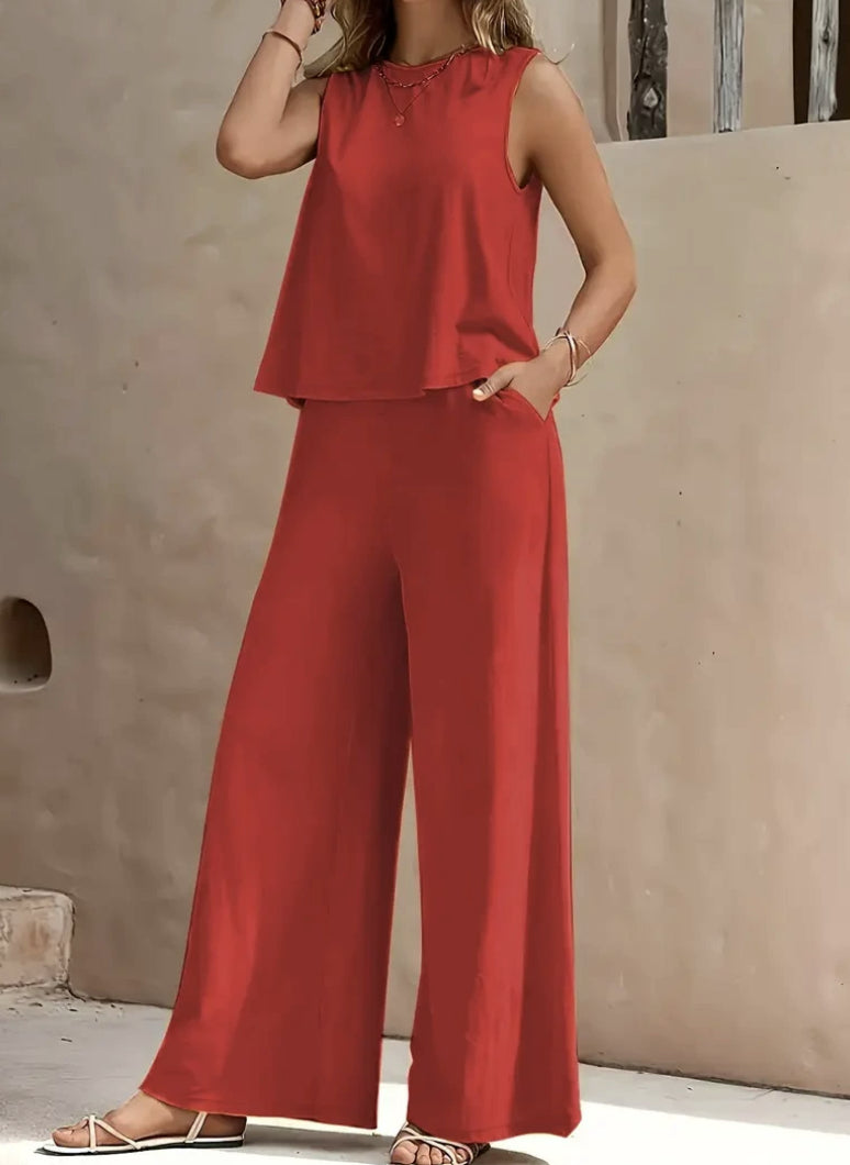 Women's Sleeveless Two Piece Suit – Casual Loose Top & Wide Leg Trousers Set