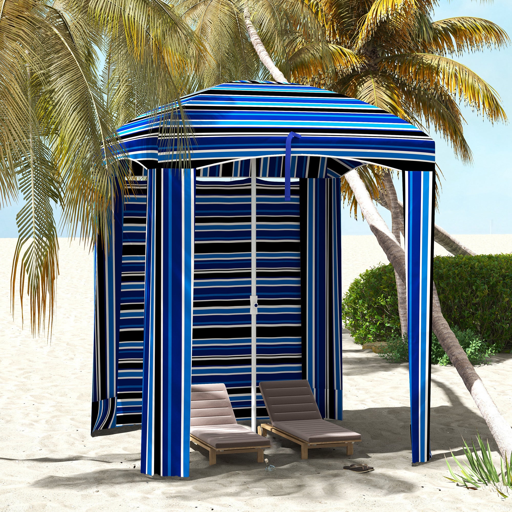5.8' x 5.8' Cabana Umbrella with Walls, Vents, Ruffles, Carry Bag, Beach Umbrella, Blue Stripe