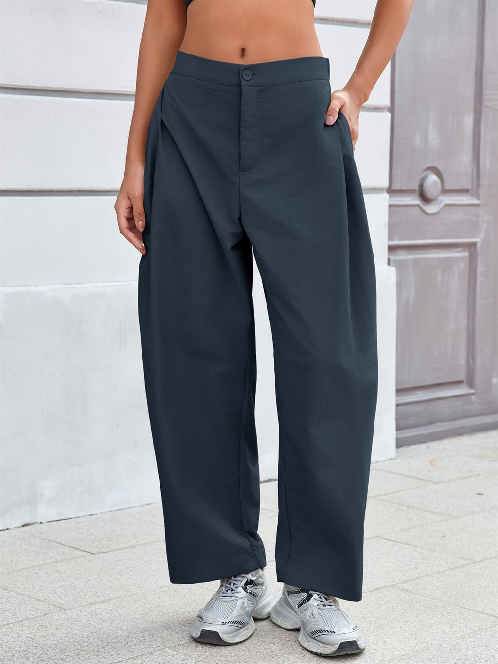 Women's Barrel Leg Wide Leg Baggy Pants with Pockets – Black – Front View | AdriaPulse