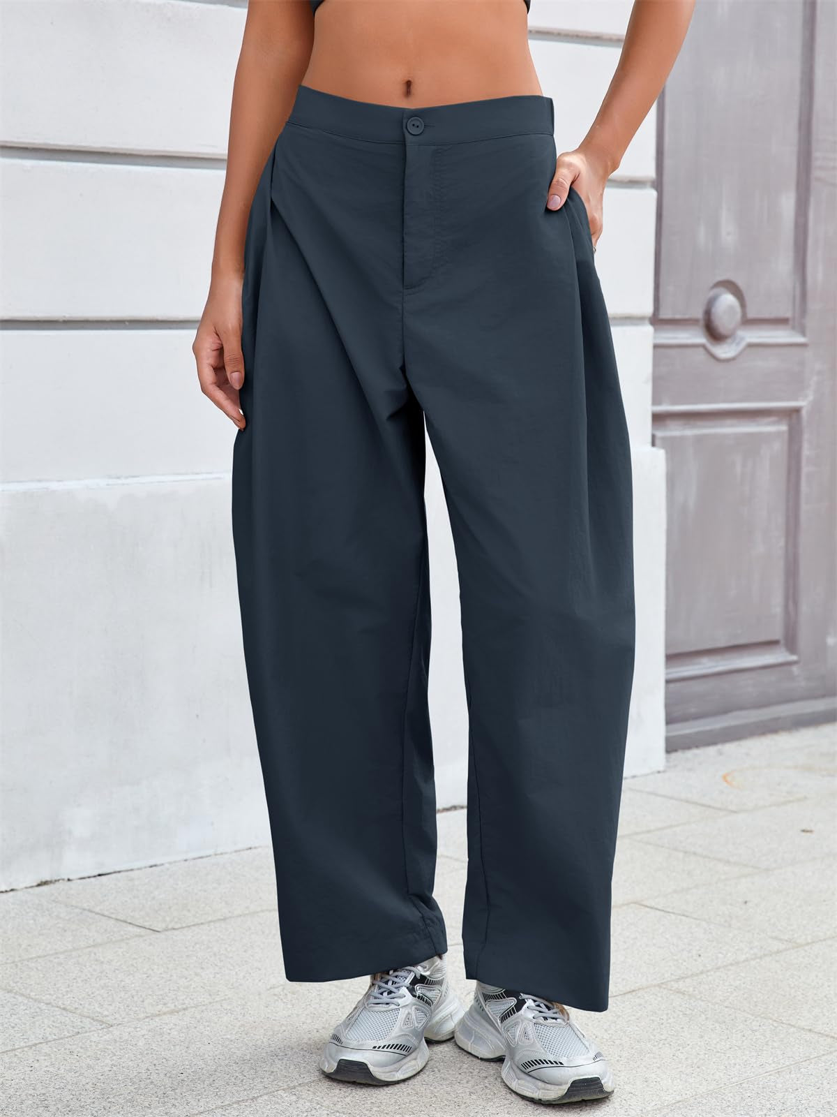 Women's Barrel Leg Wide Leg Baggy Pants with Pockets – Black – Front View | AdriaPulse