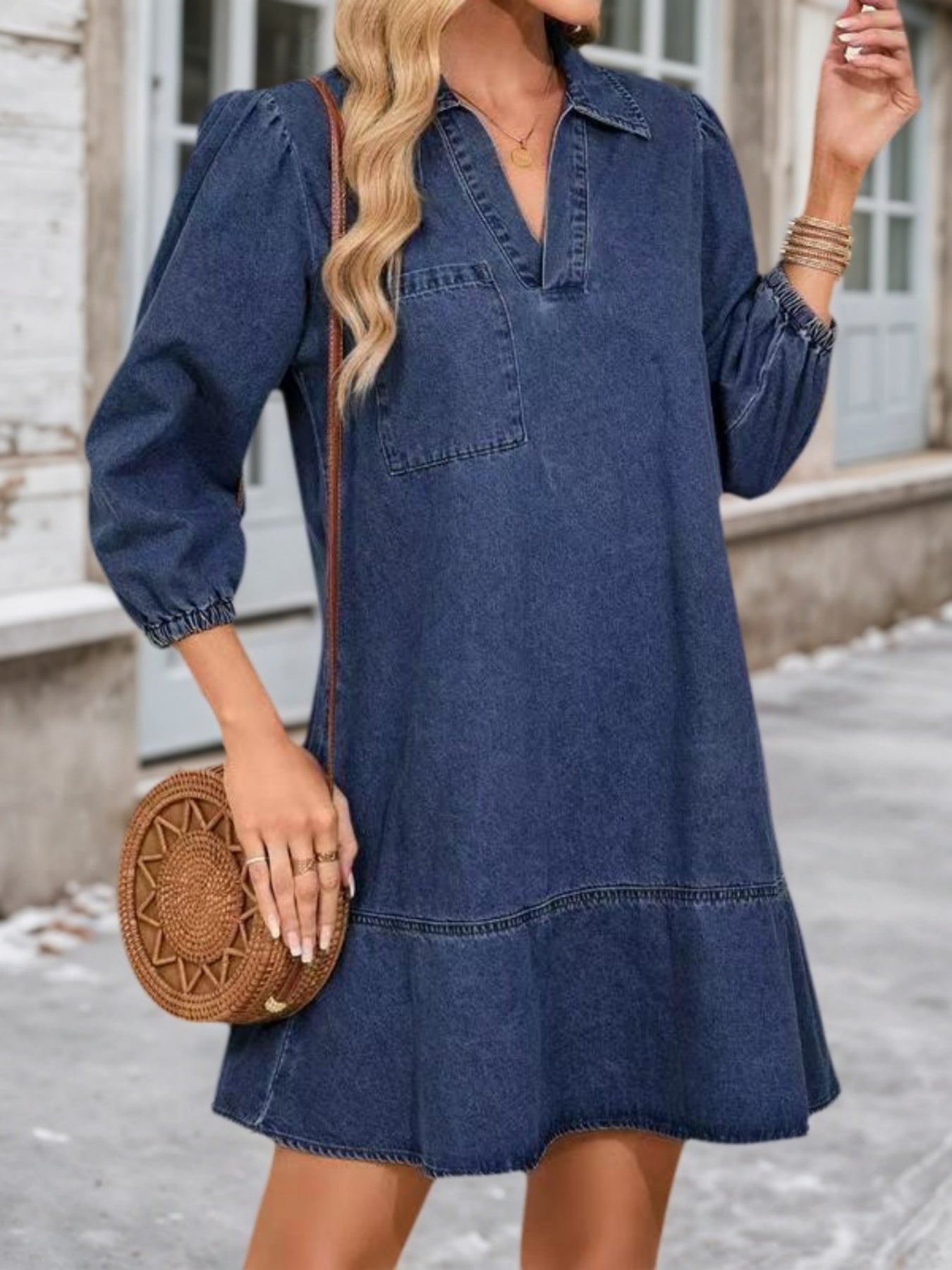 Women's V-Neck Puff Sleeve Denim Doll Dress Three-Quarter Length – AdriaPulse