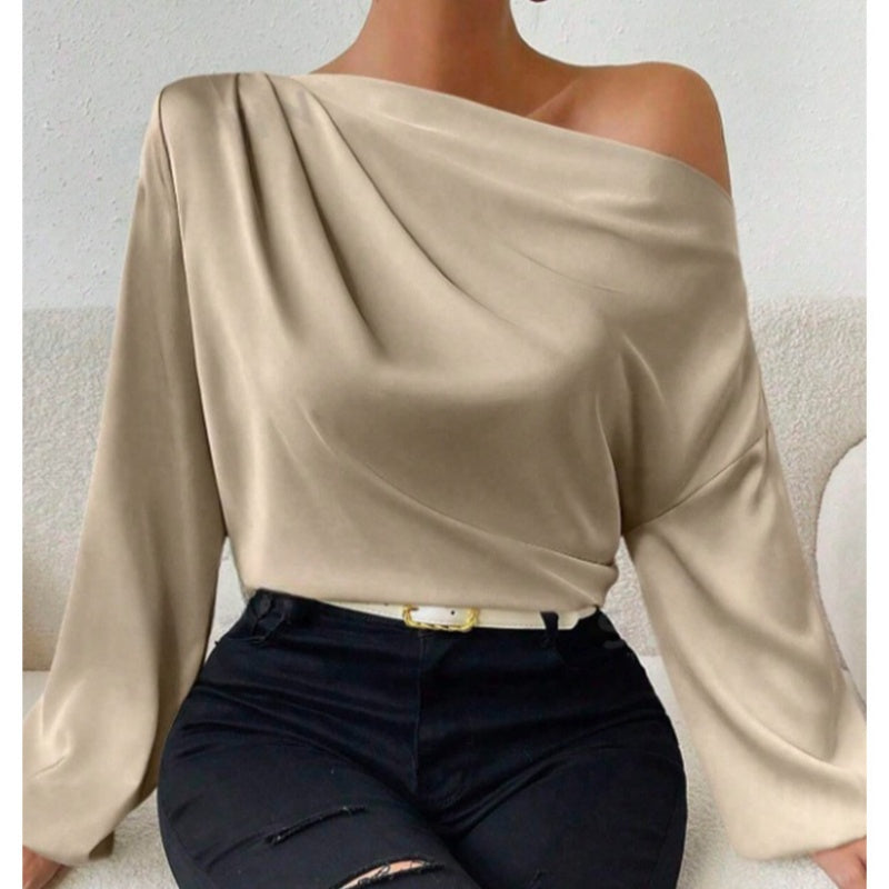 Women's Asymmetric Off-Shoulder Long Sleeve Top Solid Color Apricot Black White Yellow Green – AdriaPulse