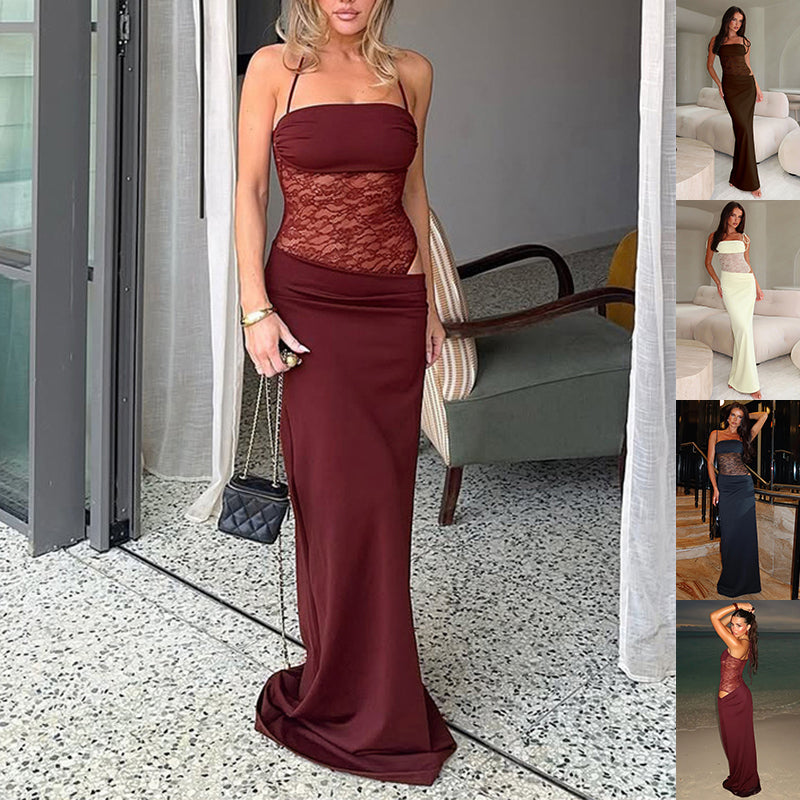 Robe Bretelles Y2K Dentelle Mode Sexy Robes Longues en Dentelle Soirée Club Plage Vêtements pour Femmes