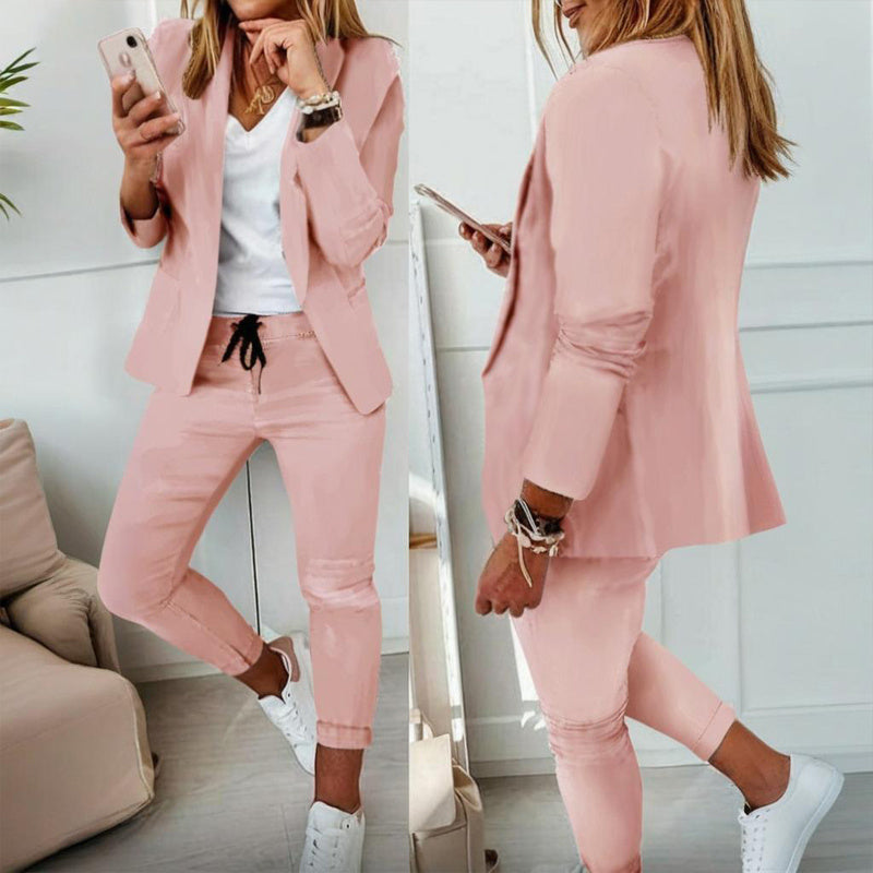 Women's Notch Lapel Blazer & Drawstring Pants Suit Set Business Casual – Black – Front View | AdriaPulse