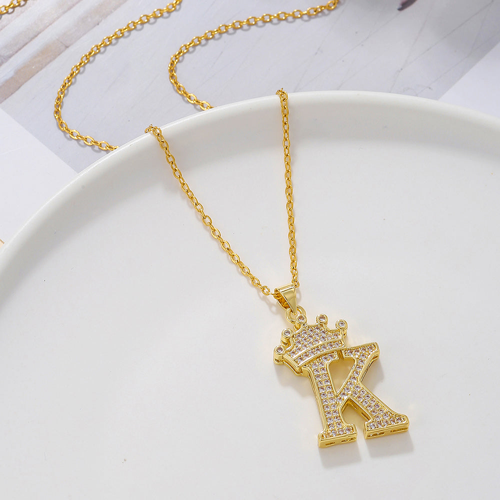Gold Crown Initial Letter Pendant Necklace – Zircon A–Z Alphabet Jewelry