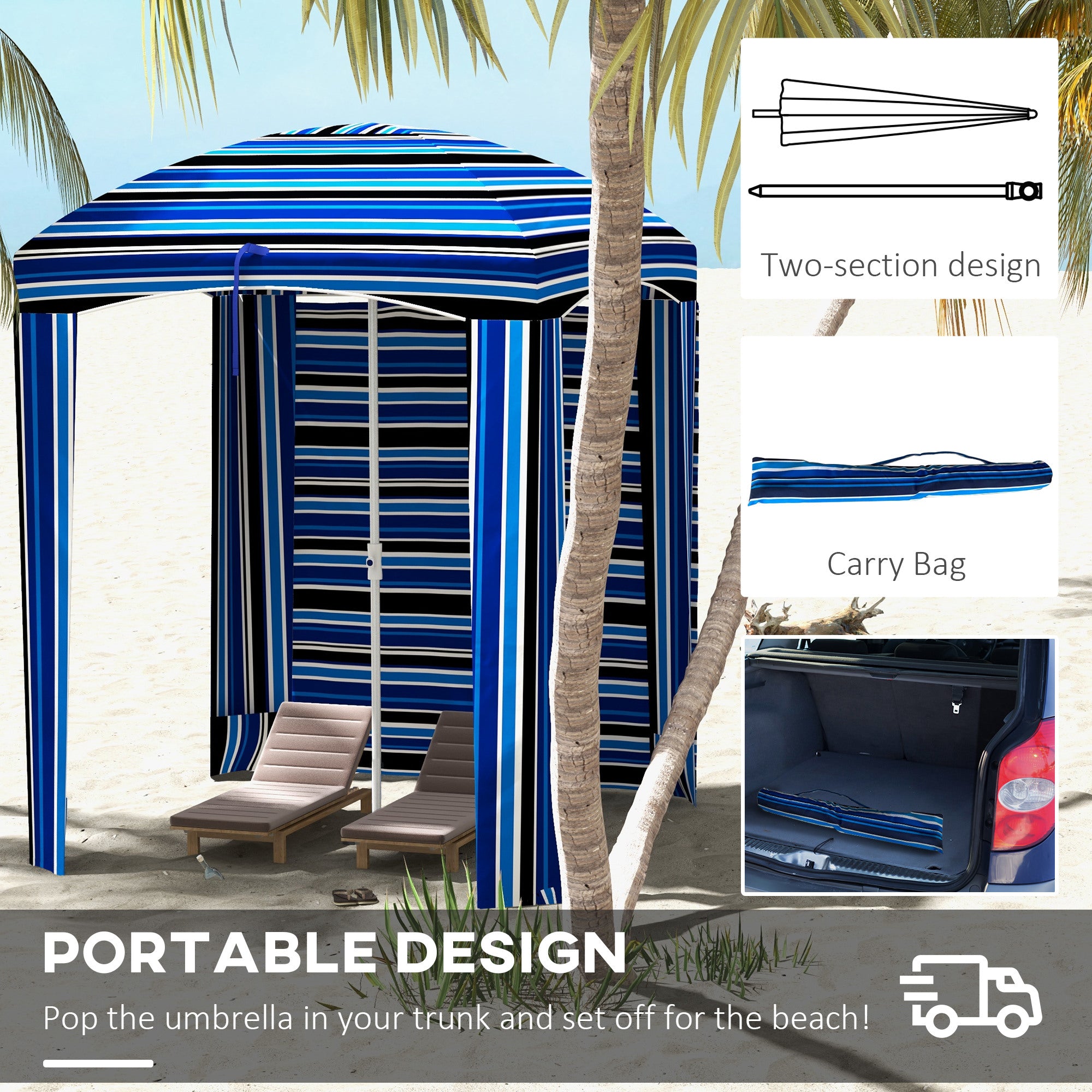 5.8' x 5.8' Cabana Umbrella with Walls, Vents, Ruffles, Carry Bag, Beach Umbrella, Blue Stripe