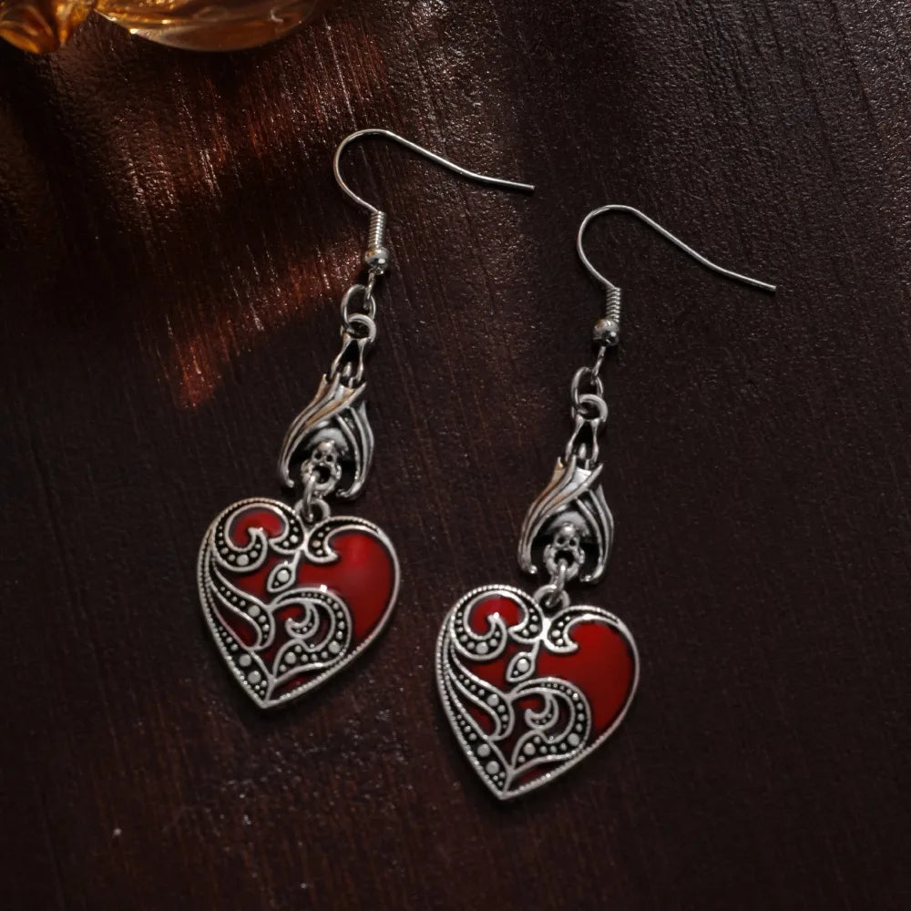 Boucles d'oreilles pendantes Cœur de chauve-souris Rouge Vin Rétro pour Femmes Fête d'Halloween Bijoux Punk Gothique Sombre Accessoires Cadeau