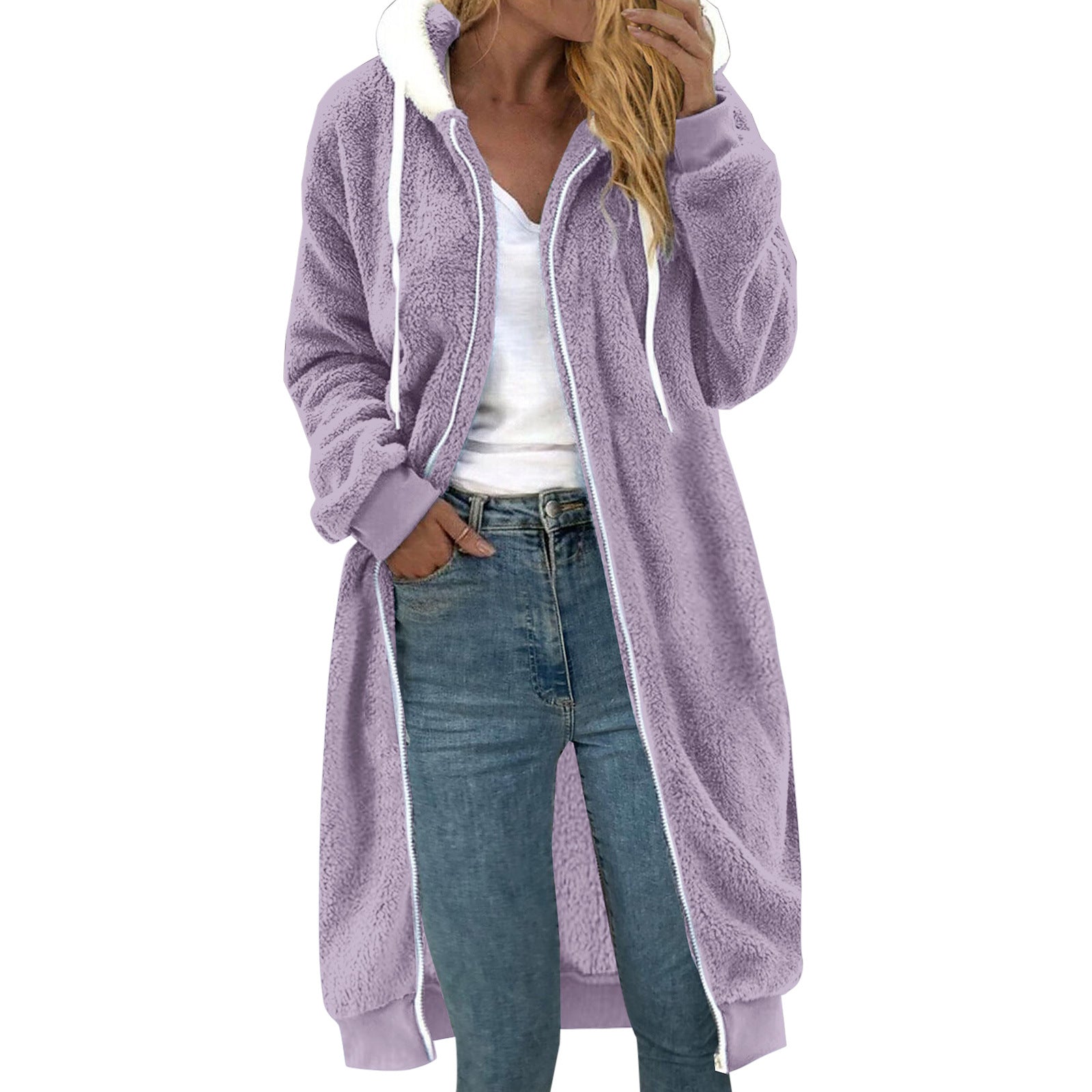 Manteau à capuche en peluche double face mi-long épais pour femme