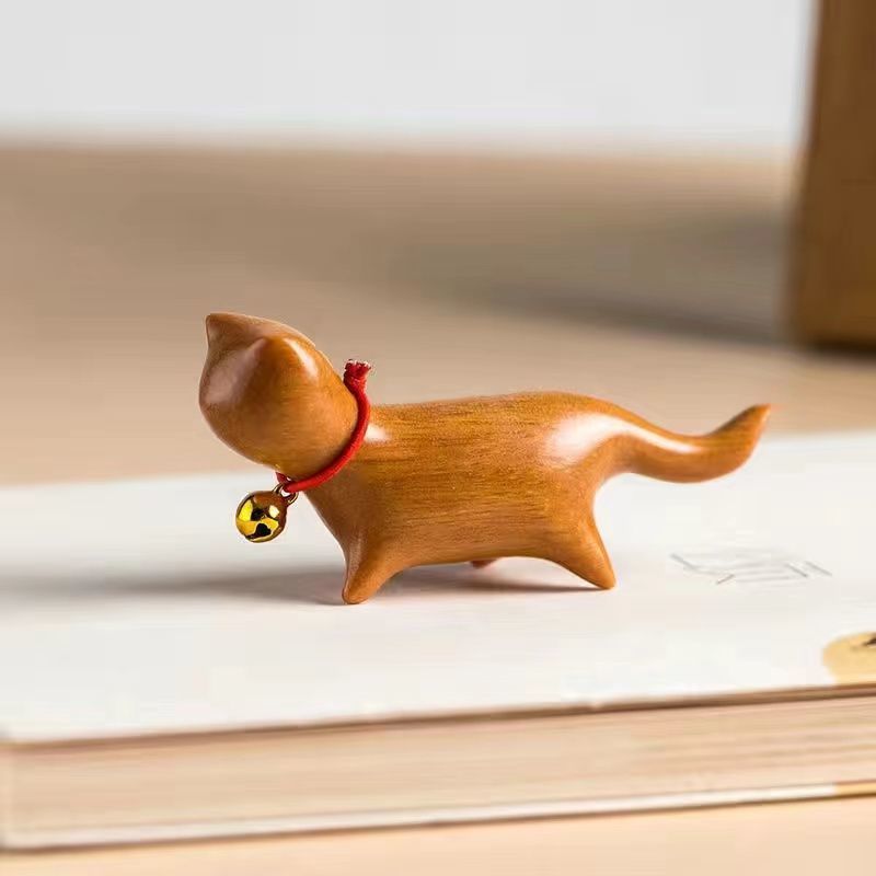 Handmade Sandalwood Cat & Animal Figurine – Mini Wooden Desk Ornament