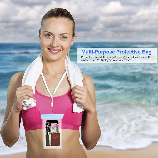 "Blue IPX8 waterproof phone pouch dry bag case with adjustable neck lanyard for smartphones up to 6 inches – AdriaPulse"