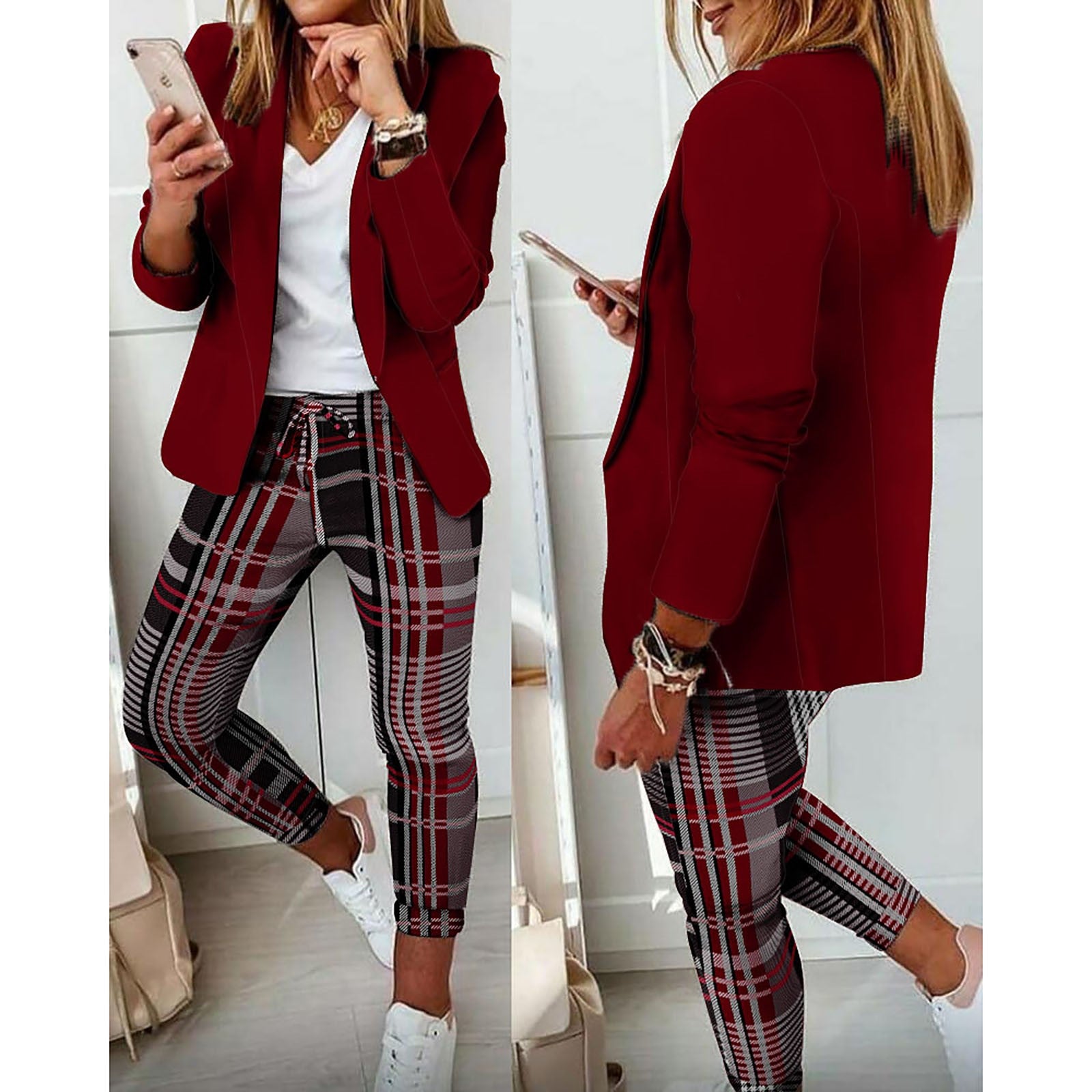 Multicolor Print Casual Suit Commuter Blazer Pants Set