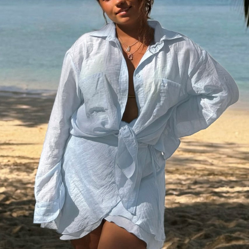 Women's Cotton Linen Beach Suit – Ruffle Long Sleeve Top & Skirt Set