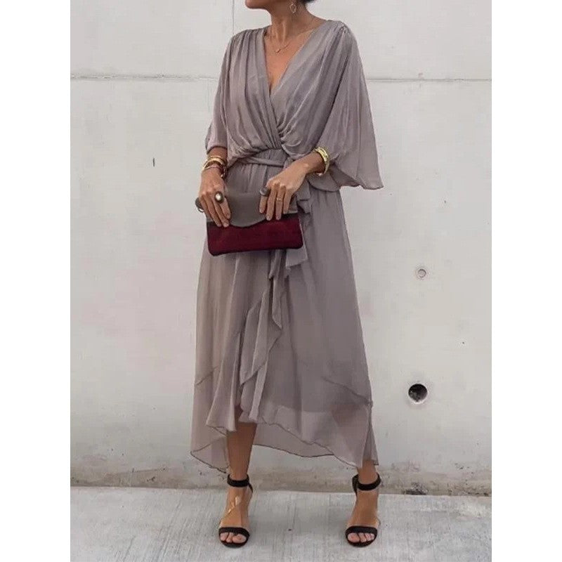 Batwing Sleeve V-Neck Midi Dress Flowy Tied Fairy Dress Women AdriaPulse

