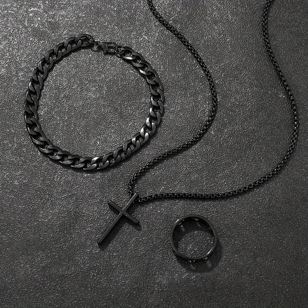 Herren 3-teiliges Mode-Schmuckset aus Legierung – Kreuz-Anhänger Halskette, Armband & Ring Kombination