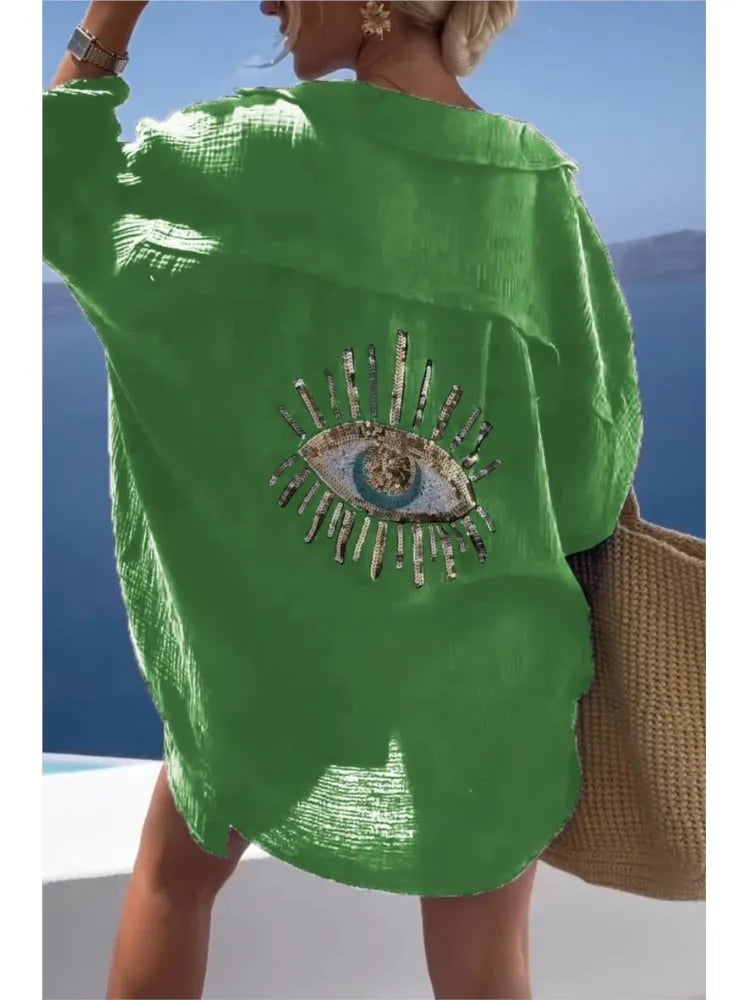 Frühling Sommer Mode Pailletten Augen Hemdblusenkleider 2024 Damen Casual Strand Stil Loose Button Sonnenschutz Hemdkleid