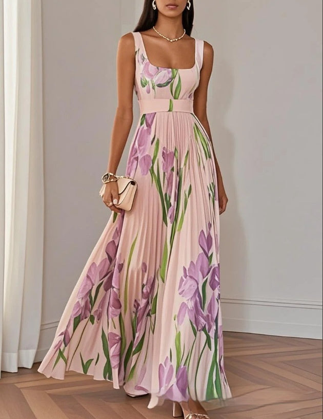 Floral Print Pleated A-Line Midi Dress Sleeveless High Waist Summer Dress AdriaPulse
