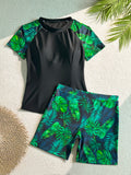 Ensemble de maillot de bain tankini pour femme, maillot de bain deux pièces, manches courtes, vacances à la plage, coupe ajustée, imprimé plantes tropicales, short de bain boxer, maillot de bain de sport à la mode