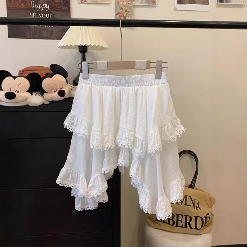 Irregular Patchwork Lace-Trim High-Waist Mini Skirt White Women AdriaPulse

