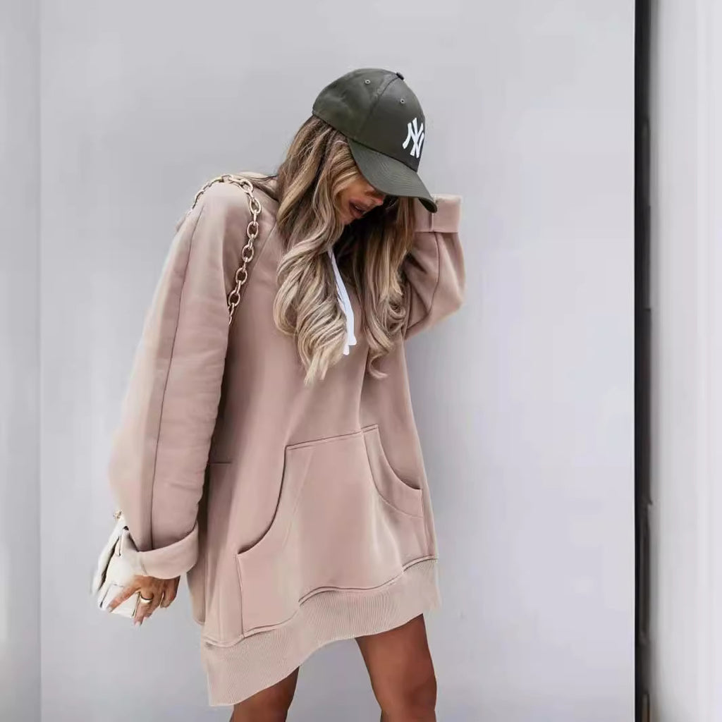 Damen Kapuzenpullover mit Taschen Mode Lässiger Split Mittellanger Pullover Kordelzug Oberteile