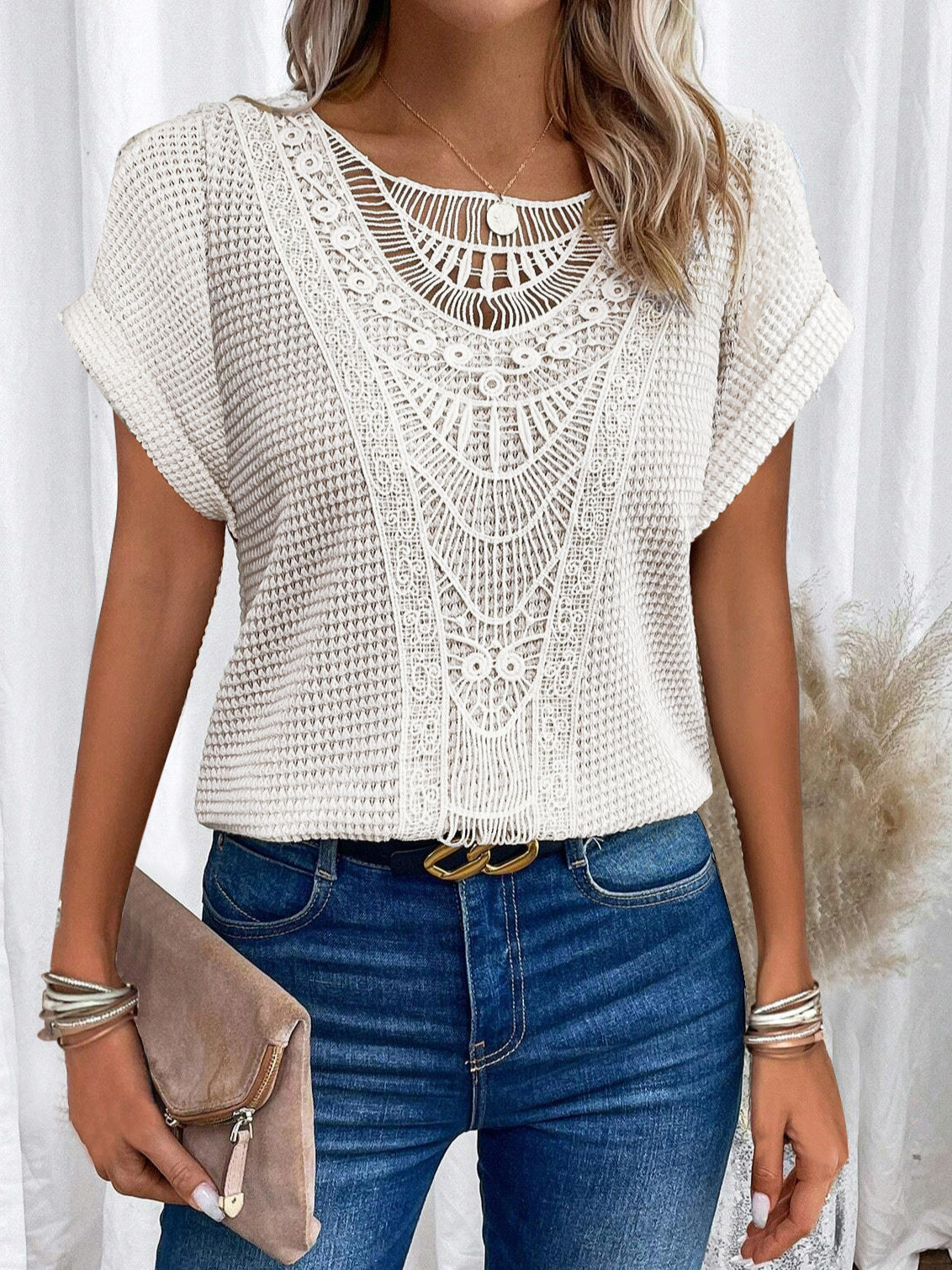 Women's Hollow Out Short Sleeve Top – Ethnic Style Summer Tee
