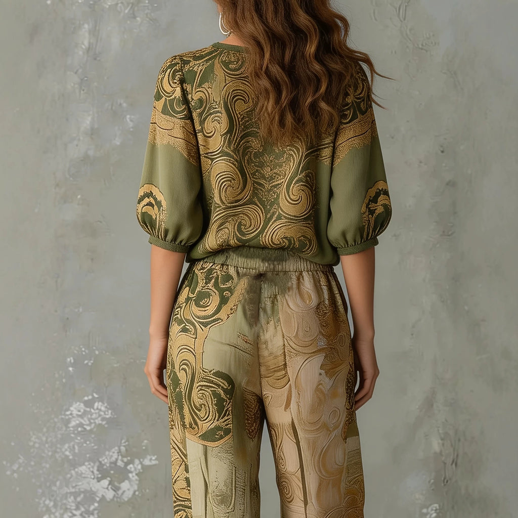  Women's Retro Printed V-Neck Puff Sleeve Top Jogger Pants Set 2-Piece – Army Green | AdriaPulse
