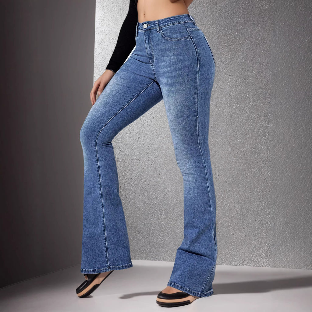 Women's Stretch Flared Denim Jeans High Rise Ice Washed in Sapphire Blue – AdriaPulse