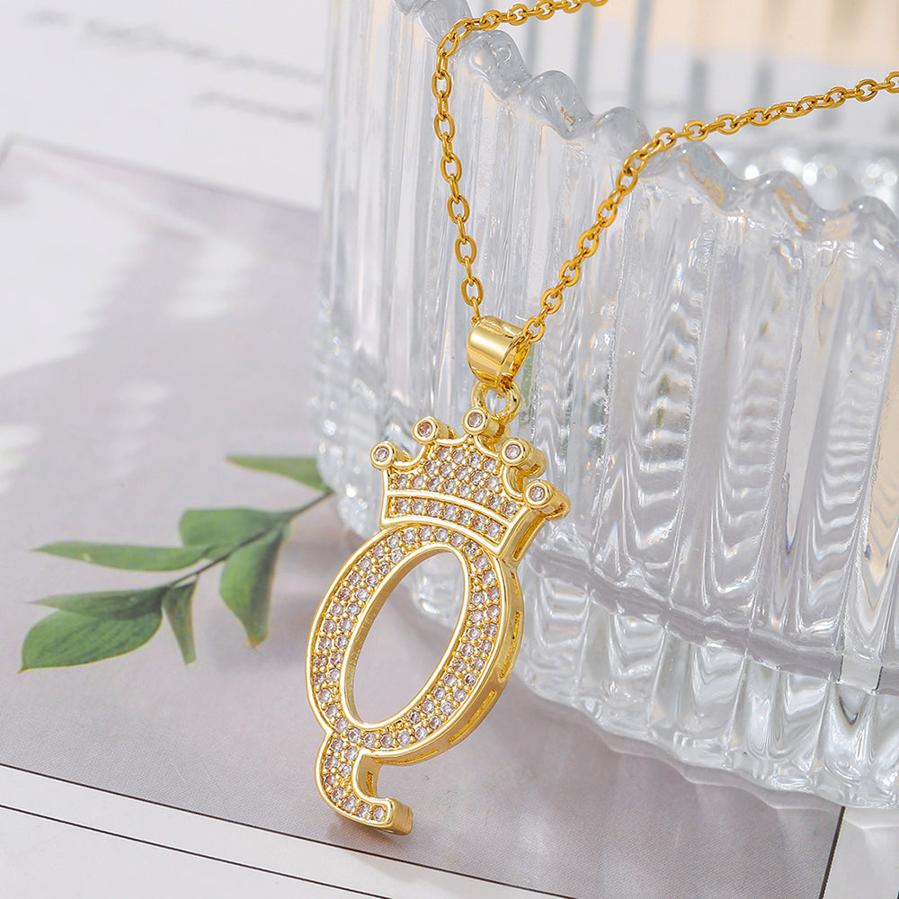 Gold Crown Initial Letter Pendant Necklace – Zircon A–Z Alphabet Jewelry