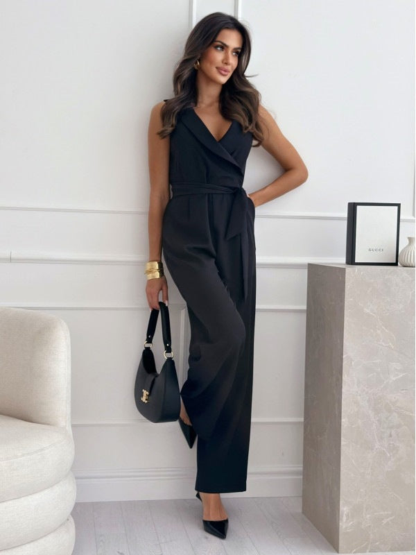 Women's V-Neck Sleeveless Belted Jumpsuit Summer Fashion Wide-Leg Trousers Romper – AdriaPulse
