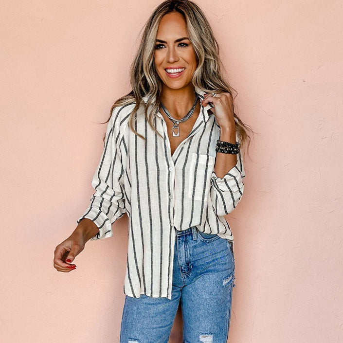 Women's Polo Collar Striped Long Sleeve Shirt  – AdriaPulse