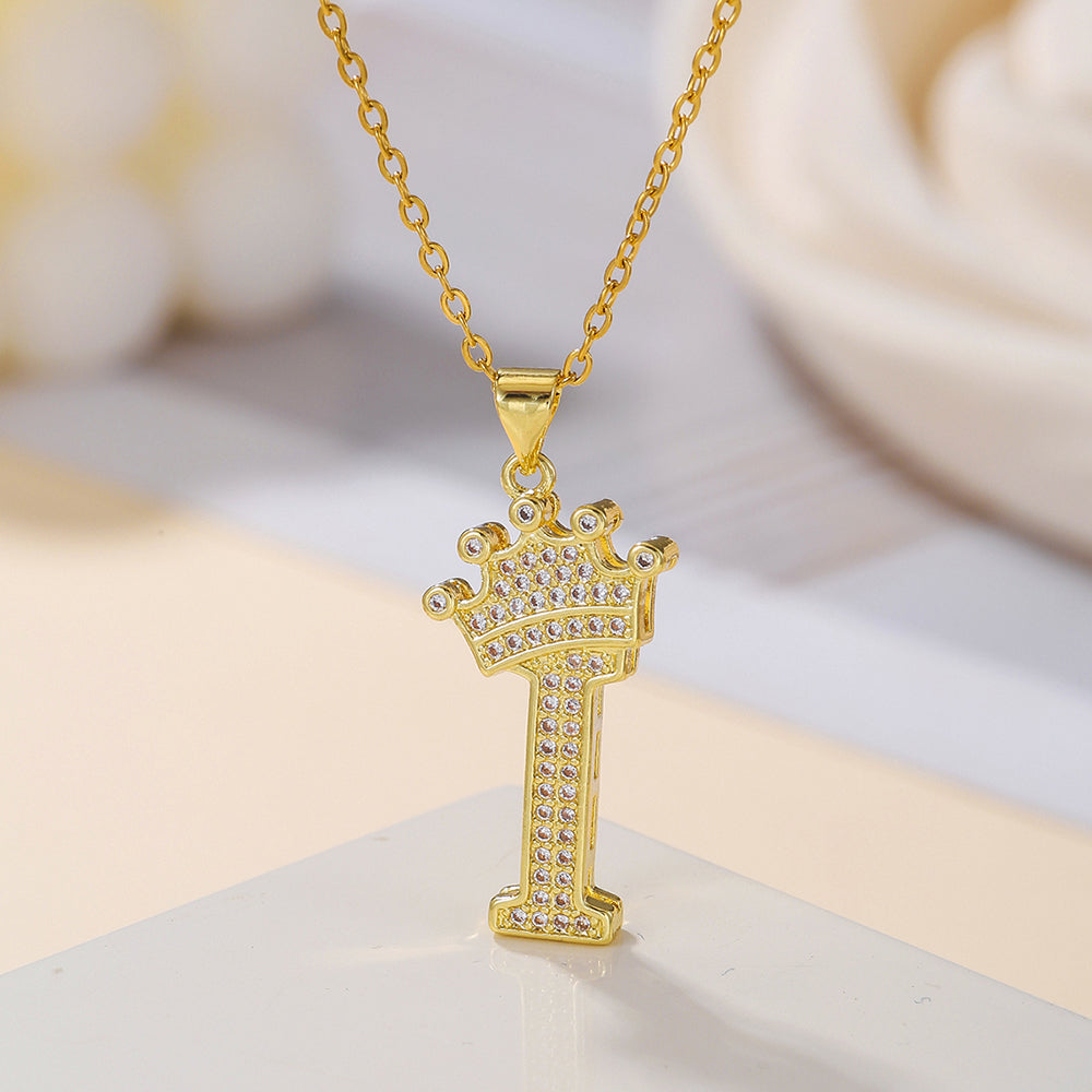 Gold Crown Initial Letter Pendant Necklace – Zircon A–Z Alphabet Jewelry