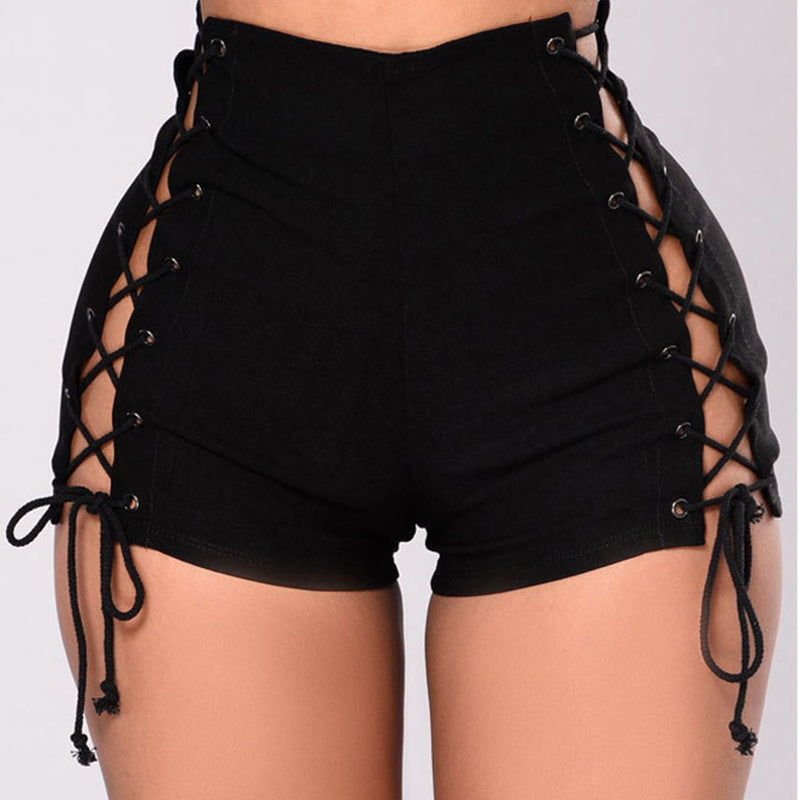 Women's Side Bandage High Waist Denim Shorts – Black Stretch Jean Shorts