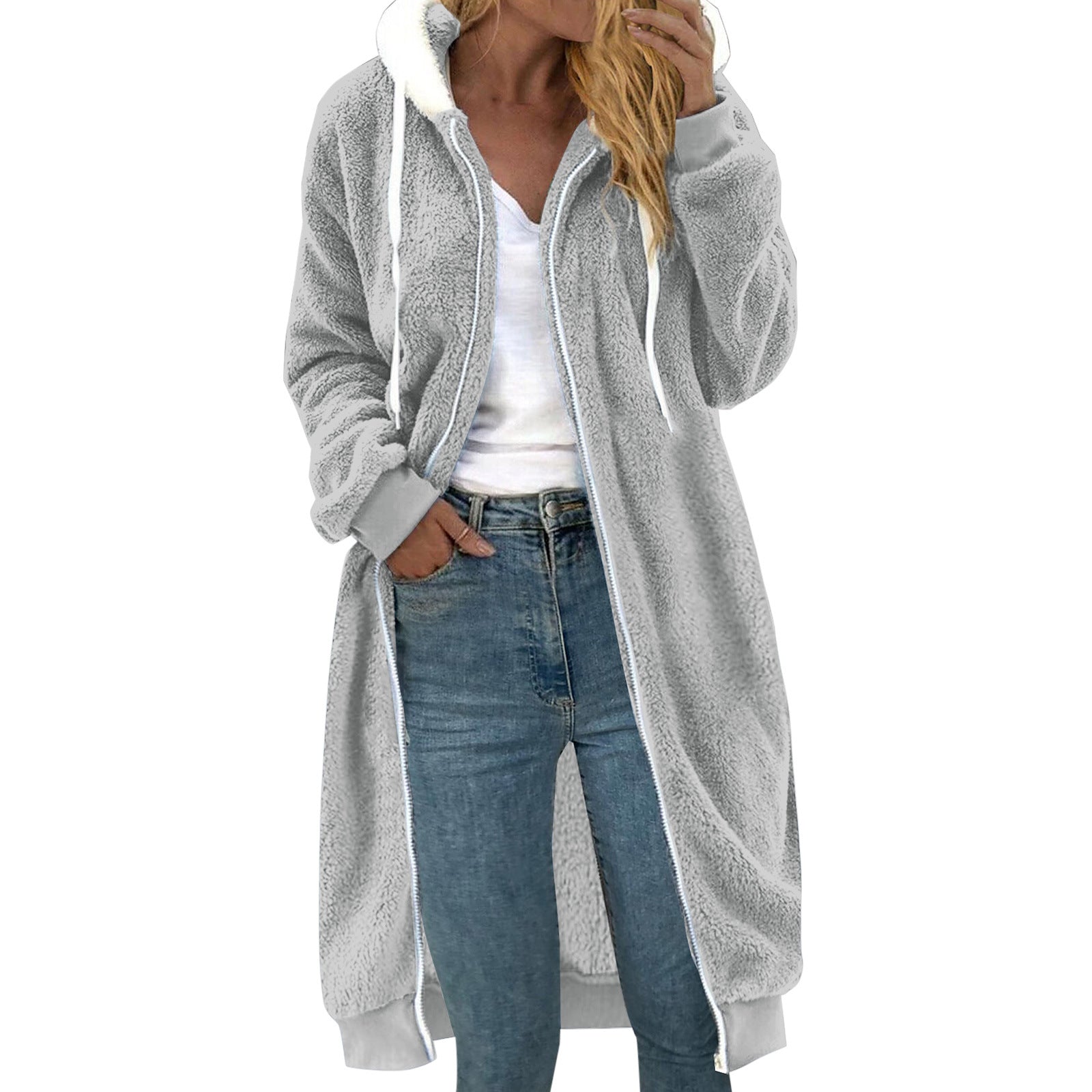 Manteau à capuche en peluche double face mi-long épais pour femme