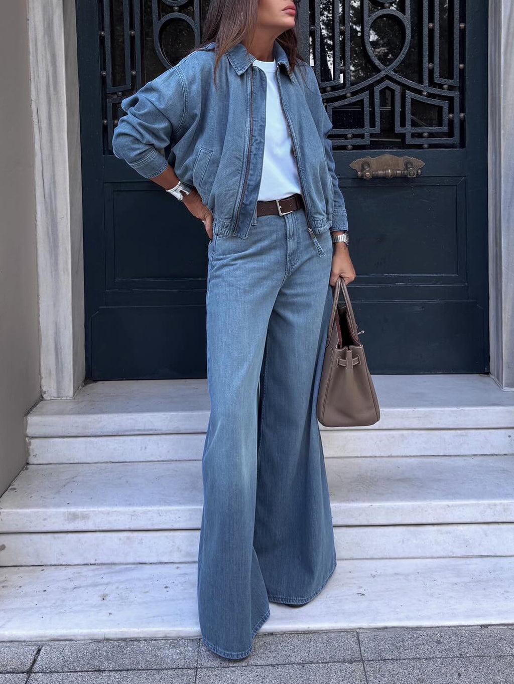 Women's Light Blue Denim Cropped Jacket and Wide Leg Jeans Matching Set – AdriaPulse
