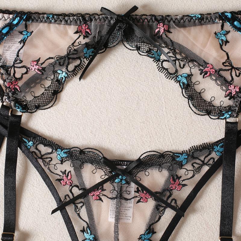 Besticktes Mesh-Dessous-Set aus Spitze | 3-teiliges Set aus BH, Höschen und Strapsen