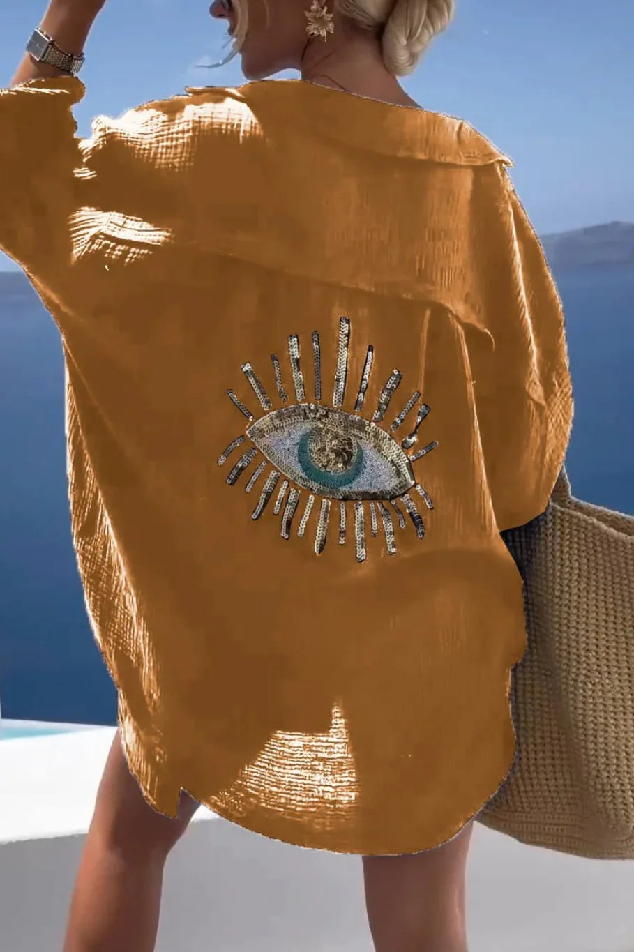 Spring Summer Fashiona Sequin Eye Shirt Dresses 2024 Women Casual Beach Style Loose Button Sun Protection Shirt Dress