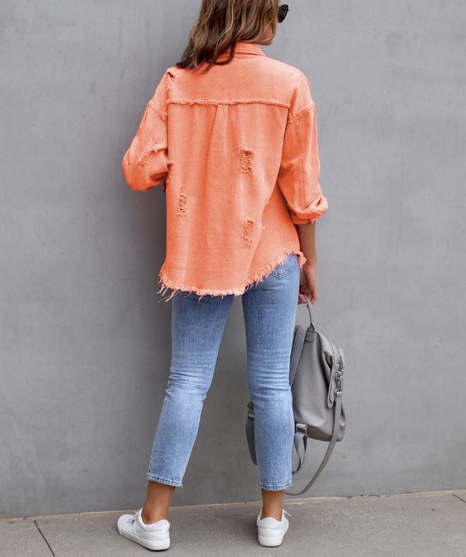 Women's Oversized Frayed Denim Shacket – Ripped Distressed Jean Jacket