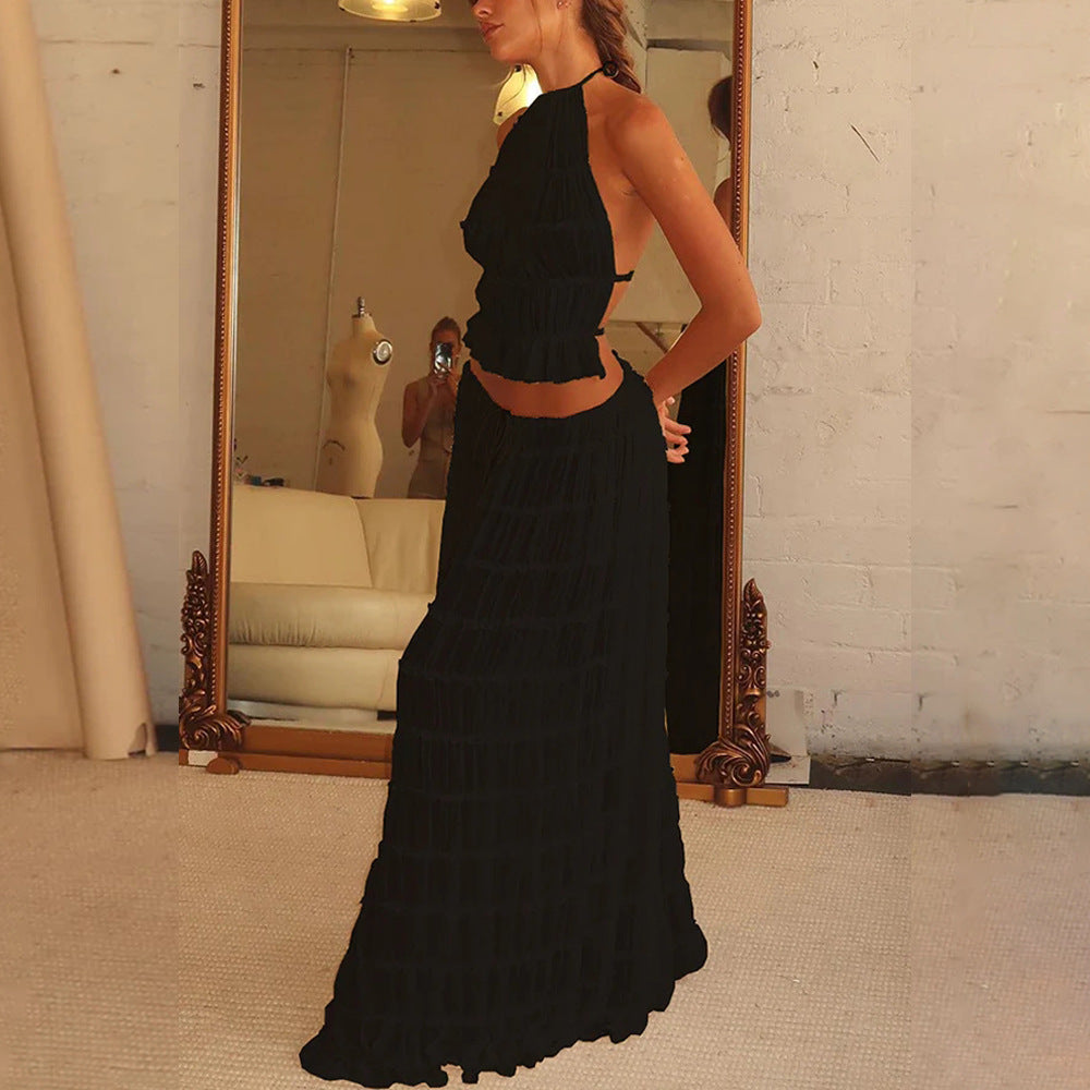 Women's Halter Crop Top & Pleated Maxi Skirt Set – Sexy Backless 2-Piece Beach Dress Suit