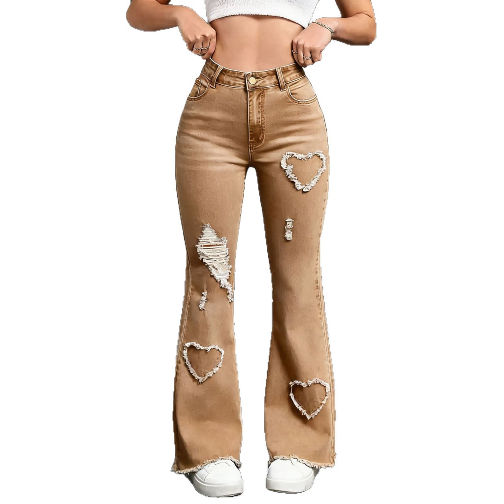 Women's Embroidered Ripped Flared Denim Jeans High Waist in Dark Blue – AdriaPulse