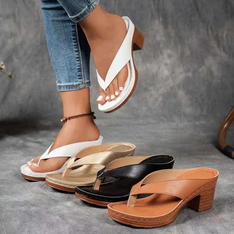 Square Heel Wedge Sandals Women Solid Color Slide Shoes AdriaPulse
