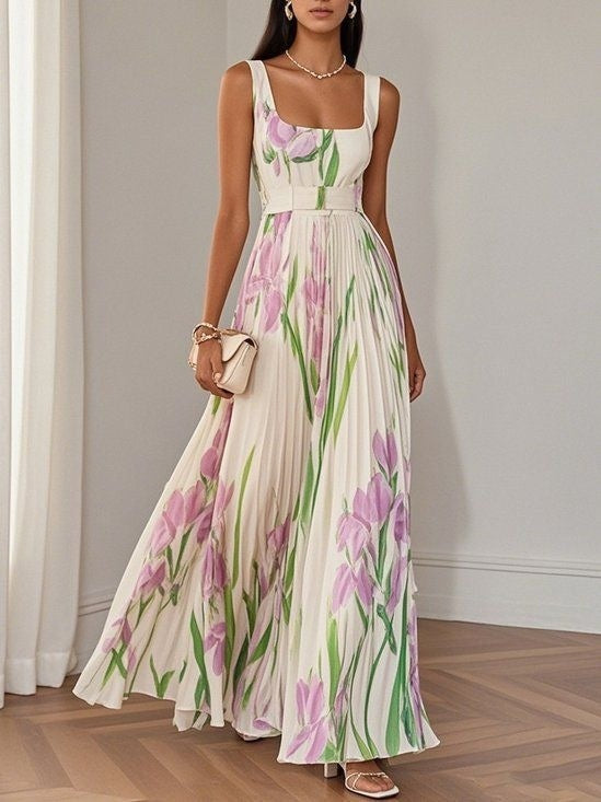 Floral Print Pleated A-Line Midi Dress Sleeveless High Waist Summer Dress AdriaPulse
