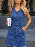 Women's Sleeveless V-Neck Denim Dress Button Detail Frayed Hem – AdriaPulse