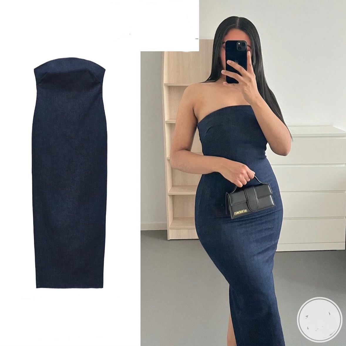 Women's Back Zip Denim Wrap Dress High Waist Casual Maxi Dress Denim Blue Front View – AdriaPulse