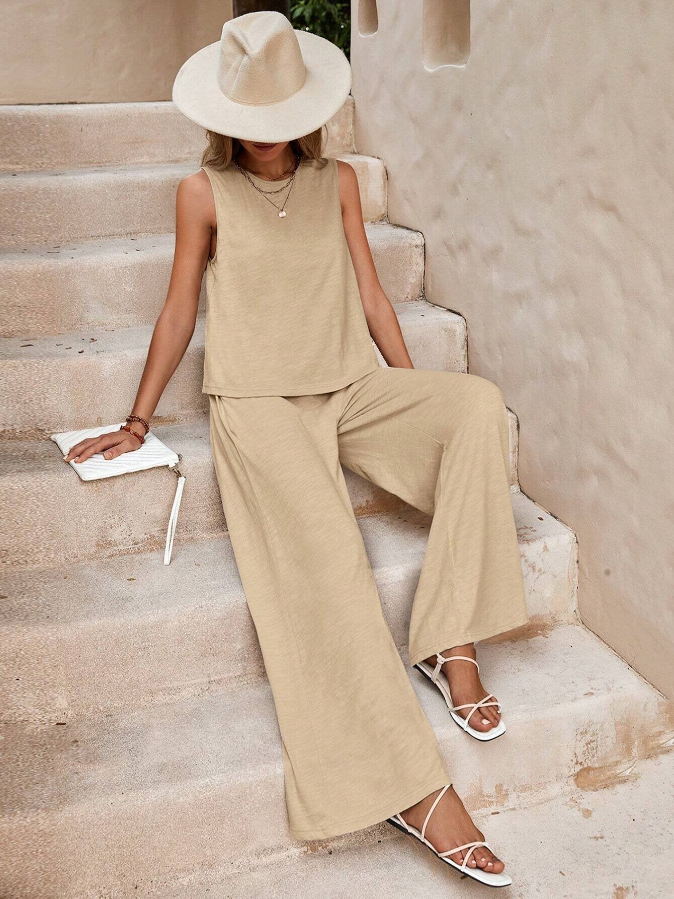 Women's Sleeveless Two Piece Suit – Casual Loose Top & Wide Leg Trousers Set