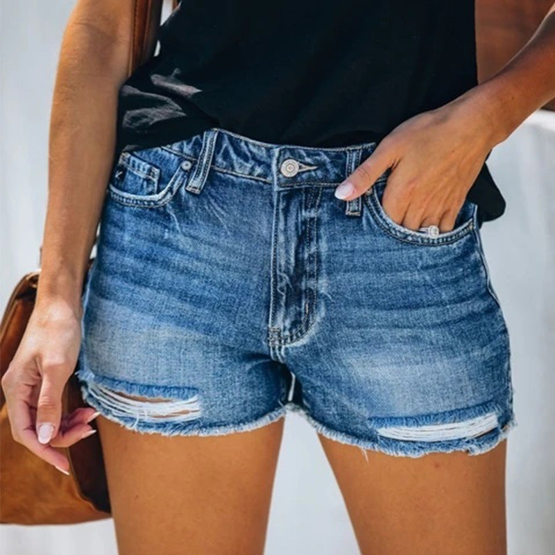 Women's Ripped Fringe Denim Shorts Summer Hole Jeans in Grey – AdriaPulse