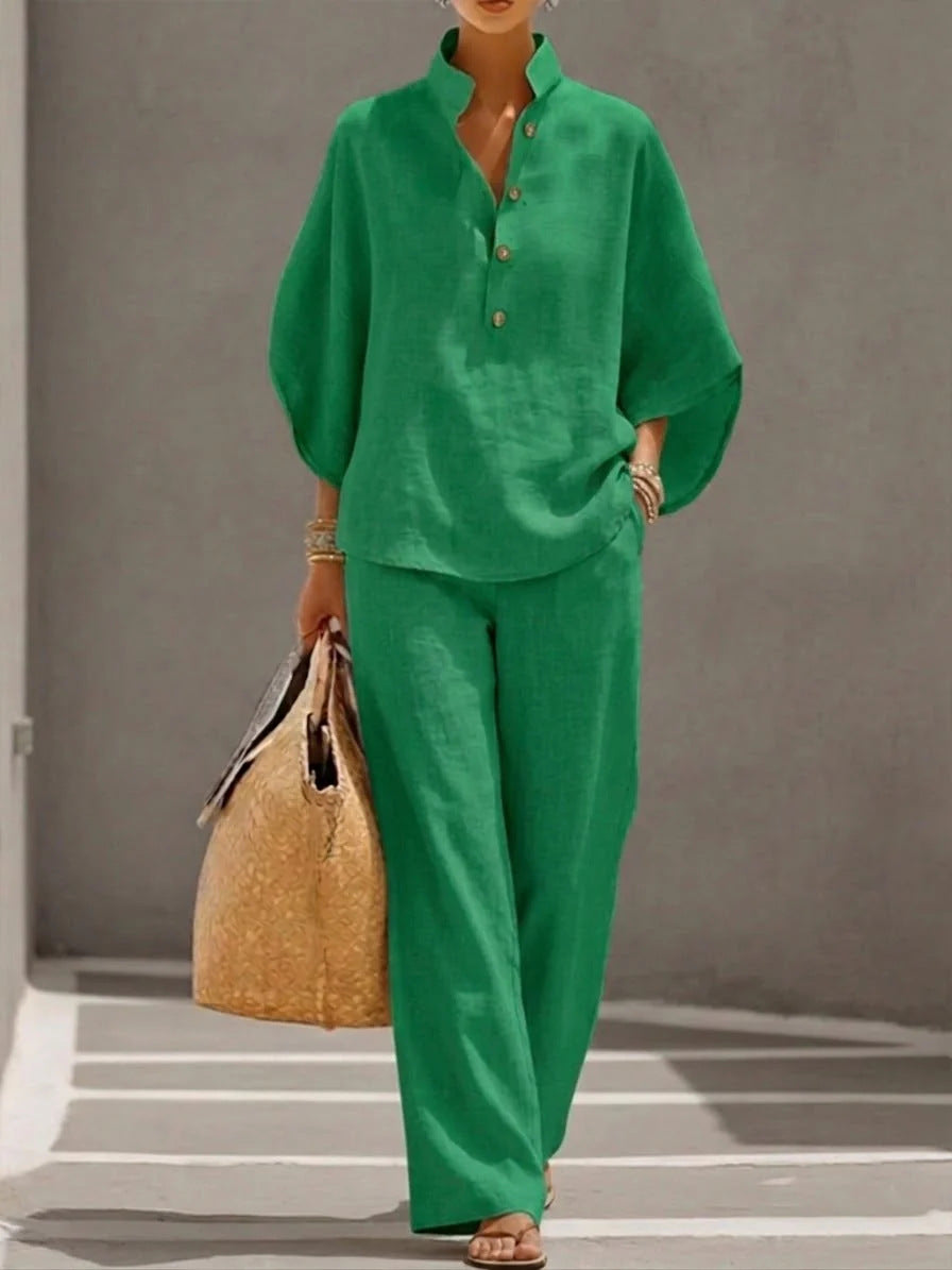 Women's Short Sleeve Top Straight-Leg Trousers Two-Piece Suit Casual Linen-Look Co-Ord Set – AdriaPulse
