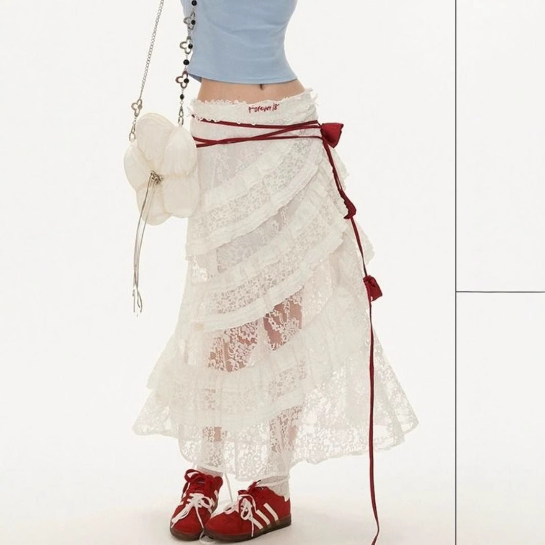 Y2K Retro Lace Tiered Skirt – American Style Patchwork Midi Skirt