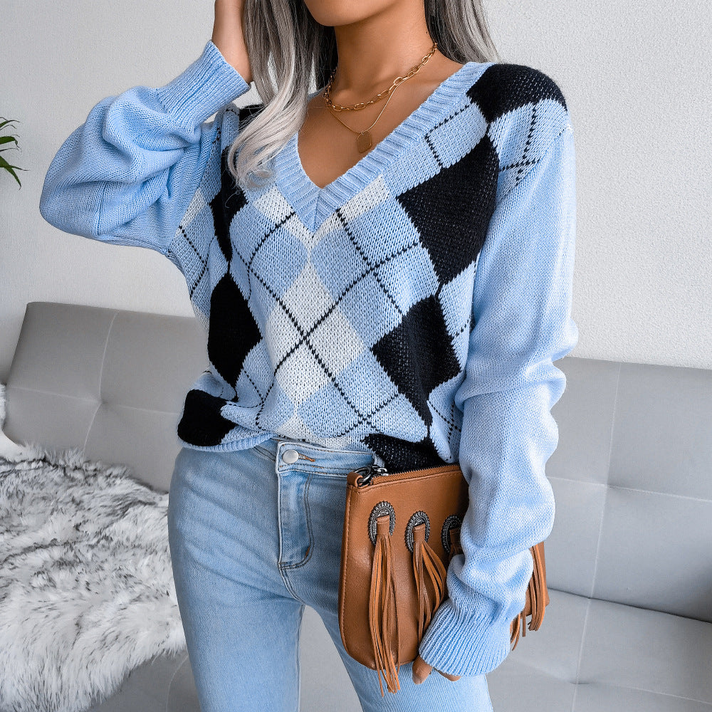 Women's Preppy Diamond Knit Sweater Blue Urban Casual Acrylic Pullover | adriapulse"